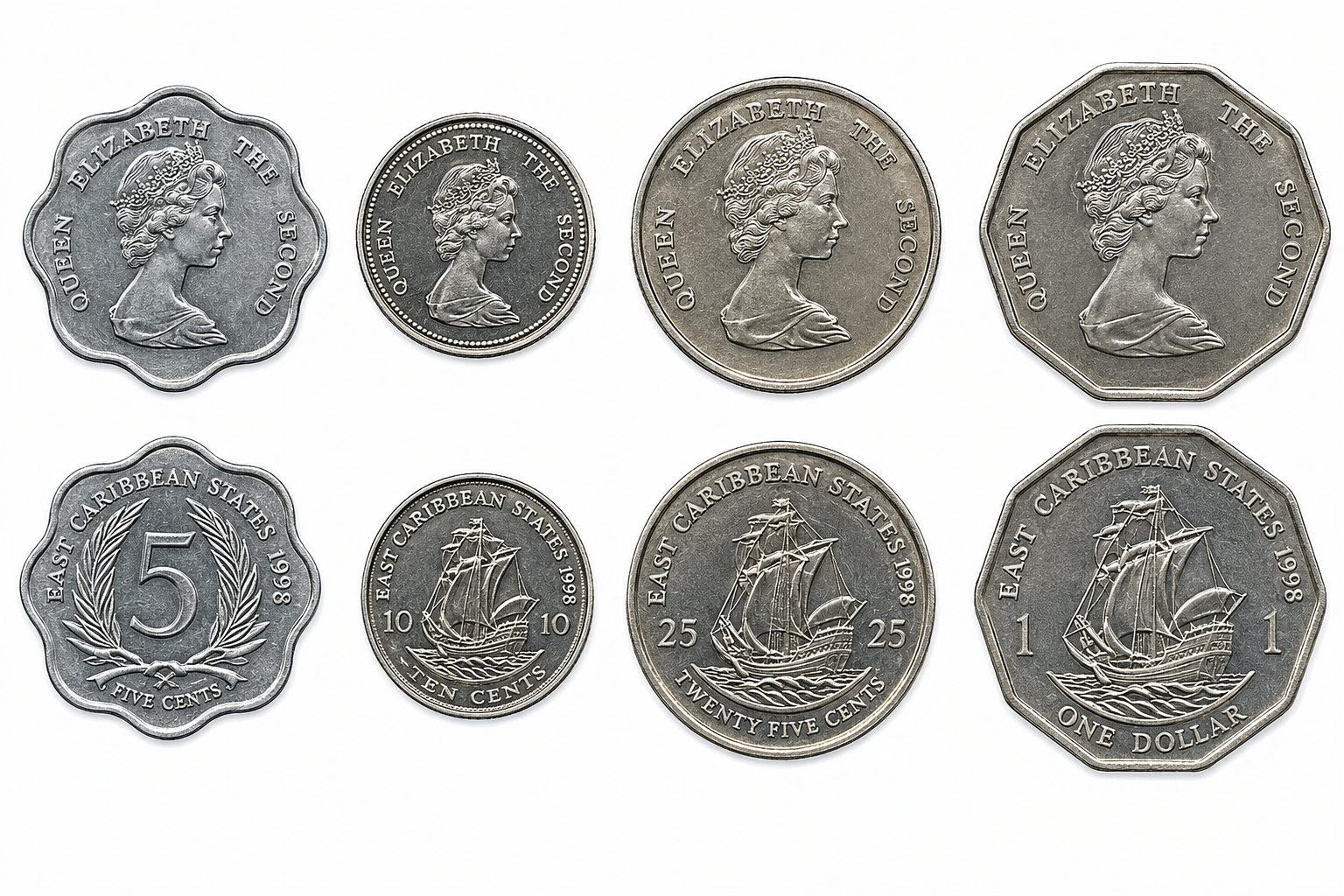 XCD Coins 5 cent - 10 cent - 25 cent - 1 dollar - Grenada Money - Eastern Caribbean Dollar